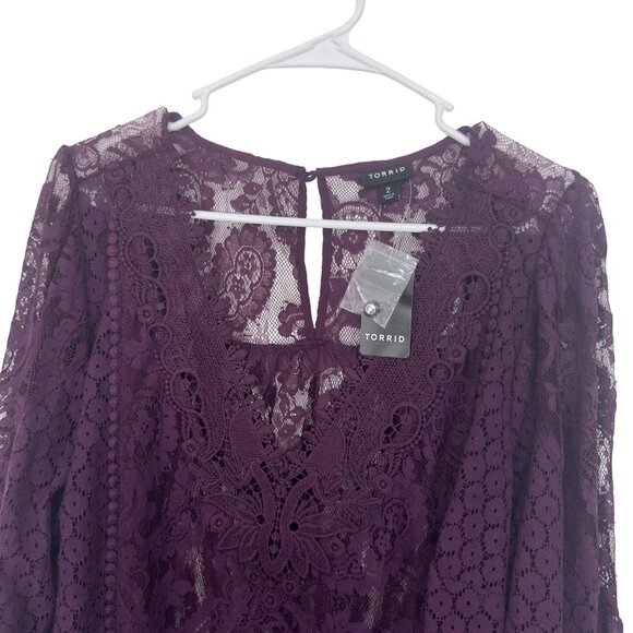 Torrid Womens Sze 2X Lace Mix Long Sleeve Top Blouse Burgandy Sheer V Neck- NEW - Picture 11 of 14